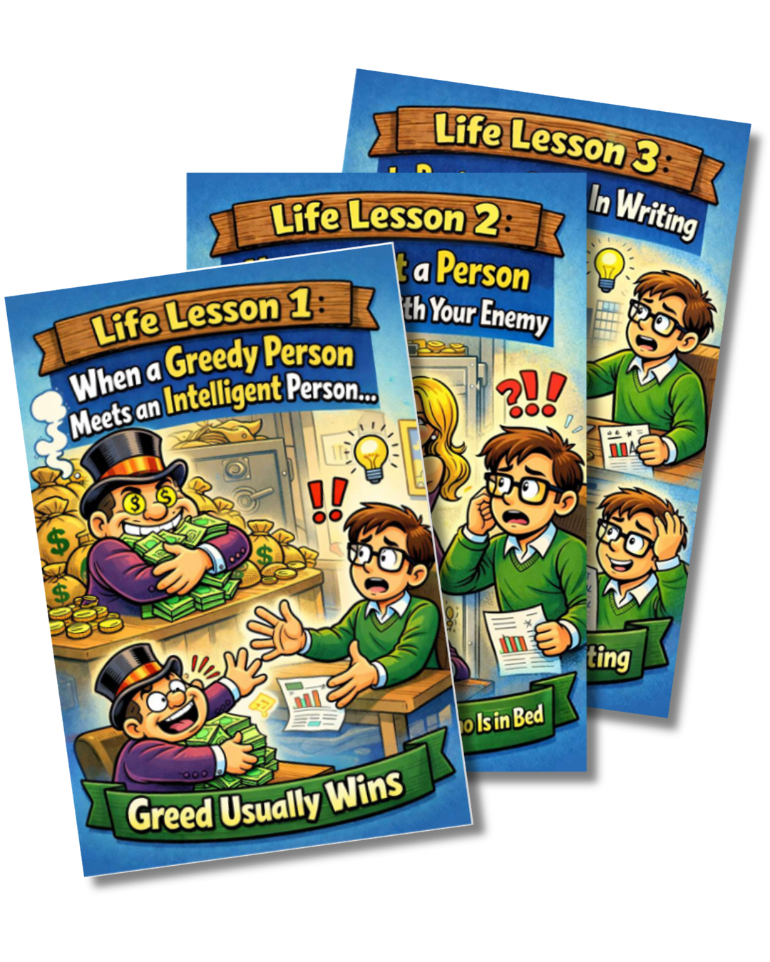 Three illustrated poster-style cards life lesson of hyperfast herminator