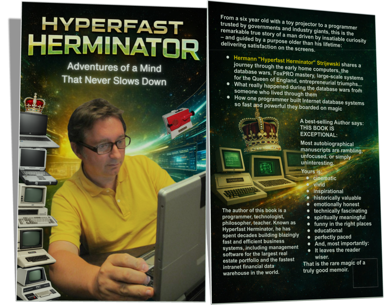 Hyperfast Herminator ebook cover featuring retro computers and Hermann Strijewski’s programming journey Full Hyperfast Herminator book design with retro technology elements and autobiographical theme